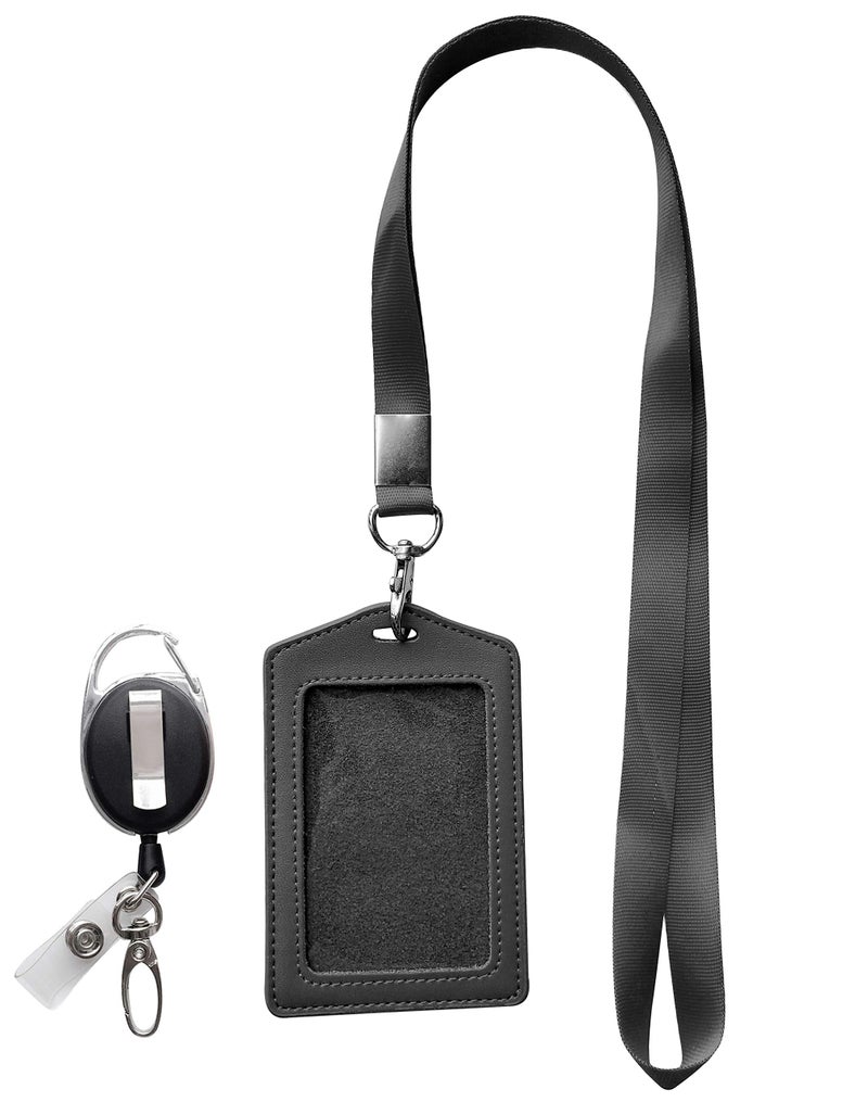 HoAoOo ID Card Case + Heavy Duty Lanyard (Black) + Badge Holder Retractable Reel Carabiner and Plastic Clip (Genuine Leather) - Image 3